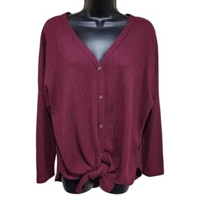 IWOLLENCE Women's Maroon Red Waffle Knit Tie Front Long Sleeve Cardigan Size M